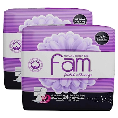 Fam Tri Fold Night Sanitary Pads with Wings, 24 Pads, Pack of 2