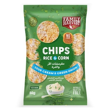 Family Harvest Rice and Corn Chips Sour Cream and Green Onion, 50g