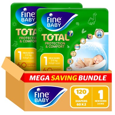 Fine Baby Total 7 Newborn Diapers, Size 1, Pack of 60 x 2