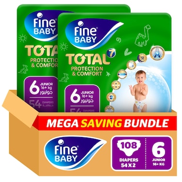 Fine Baby Total 7 Diapers, Size 6, Pack of 54 x 2, Junior, Double Lock Leak Barriers