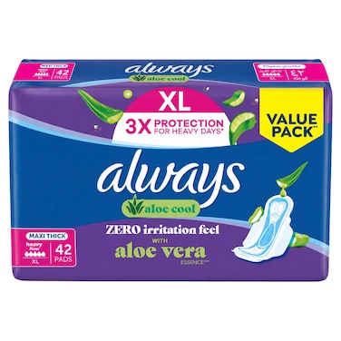 Always Aloe Cool Maxi Thick Heavy Flow Sanitary Pads XL, 42 Pads