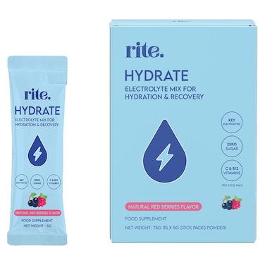 RITE Hydrate Electrolytes Red Berries Flavor, 15 Stick Packs