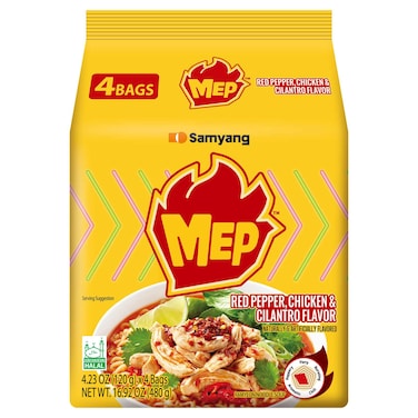 Samyang MEP Instant Ramyeon Noodle Soup, Red Pepper Chicken and Cilantro Flavor, 120g, Pack of 4