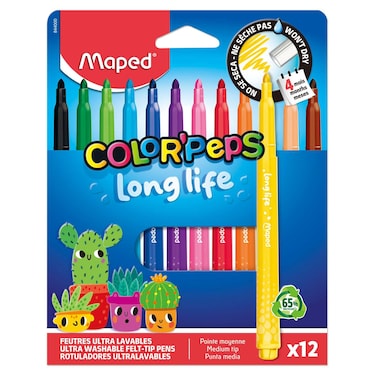 Maped Color'Peps Long Life Ultra Washable Felt Tip Pens, 12 Colors