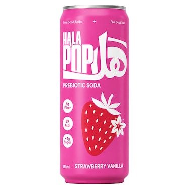 HalaPop Strawberry Vanilla Prebiotic Sparkling Soda,  Zero Added Sugar Refreshing Drink, 250ml