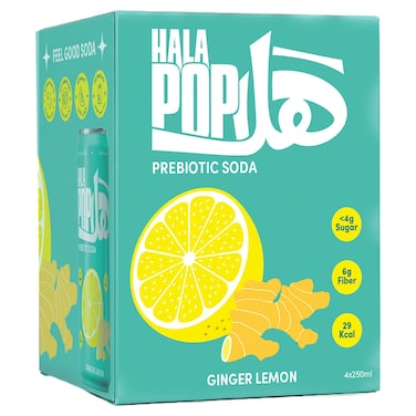 HalaPop Ginger Lemon Prebiotic Sparkling Soda, Zero Added Sugar Drink, 250ml Pack of 4