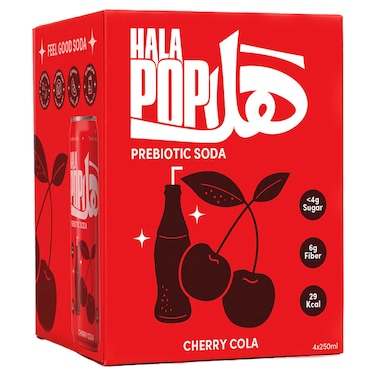 HalaPop Cherry Cola Prebiotic Sparkling Soda, Zero Added Sugar Soft Drink,250ml Pack of 4