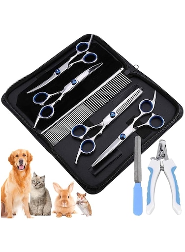 NAWOKEENY Pet Grooming Scissors, Sharp and Durable Pet Grooming Shears with Safety Round Tips, 7 in 1 Dog Grooming Scissors Set with Cutting Scissors, Thinning Shear, Curved Scissors, Grooming Comb