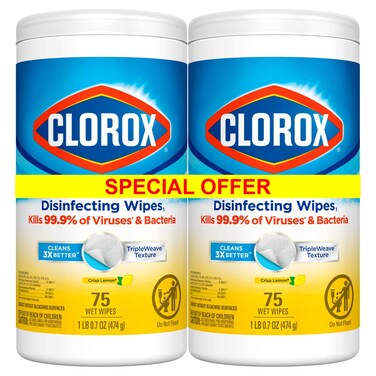 Clorox Disinfecting Wipes Crisp Lemon, 75 Wipes, Pack of 2