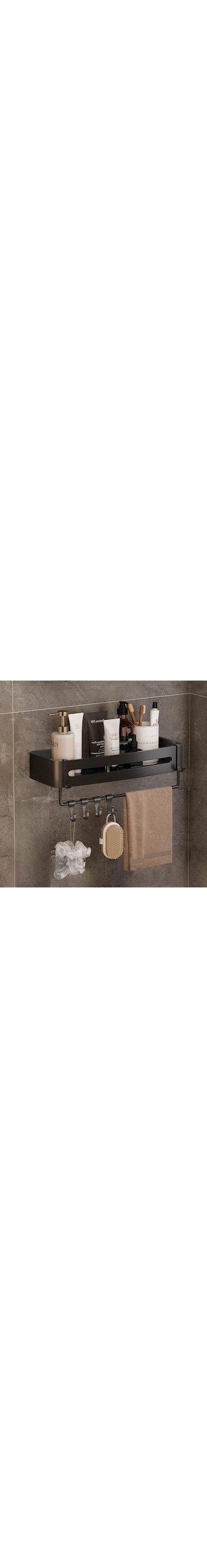 ECVV Rectangular Space Aluminum Bathroom Shelf, Shower Caddy Shelves, Wall Mount Organizer Storage Rack, Corner Shelf with Movable Hooks Towel Bar Bathroom Accessories(12.8D x 32.4W x 5.5H cm)