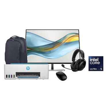 لابتوب HP Pavilion 15 AI بشاشة 15.6 بوصة FHD، معالج Intel Core Ultra 5 225U، ذاكرة RAM بسعة 8 جيجابايت، تخزين SSD بسعة 512 جيجابايت، نظام تشغيل Windows 11، اللون الفضي الطبيعي، الطراز HP15 FD2038AI، مع حزمة ملحقات (طابعة HP Smart Tank 596، شاشة HP Series 5 Pro بحجم 24 بوصة ودقة WUXGA، ماوس HP 240 بتقنية البلوتوث، حقيبة ظهر للابتوب وسماعة رأس للألعاب).