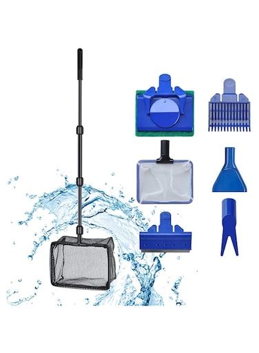 DAYONG Fish Tank Clean Set, 6 in 1 Aquarium Clean Maintenance Tools Kit, Fish Net Spoon Net Sponge Gravel Rake Plant Fork Scraper Connector (Blue)