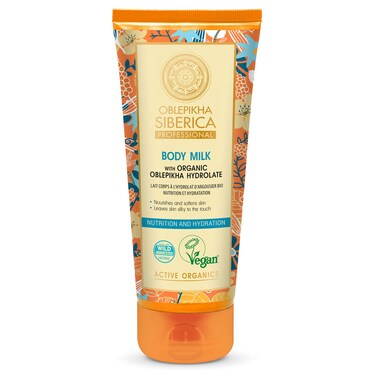 Natura Siberica Oblepikha Siberica Professional Body Milk with Organic Oblepikha Hydrolate for Nutrition and Hydration, 200ml