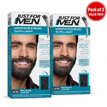 Just For Men Moustache & Beard Dye M55 Real Black, Men’s Facial Hair Colour for Grey Coverage, Pack of 2