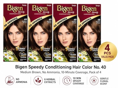 Bigen Speedy Conditioning Hair Color No. 40 Medium Brown, No Ammonia, 10-Minute Coverage, Pack of 4