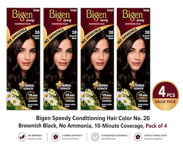 Bigen Speedy Conditioning Hair Color No. 20 Brownish Black,  No Ammonia, 10-Minute Coverage,  (Pack of 4)