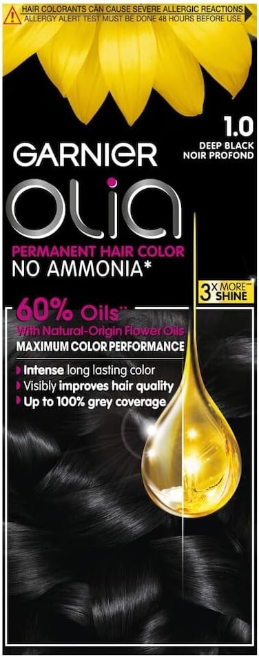 Garnier Olia Permanent Hair Dye 1.0 Deep Black, Ammonia-Free Hair Colour with 60% Oils, Long-Lasting Intense Colour and Up to 100% Grey Coverage