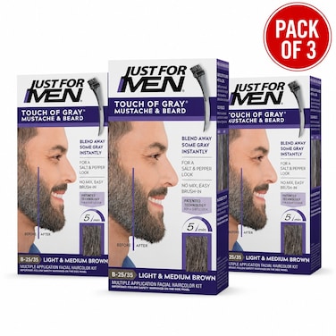 Just For Men Touch of Gray Mustache & Beard Colour B-25/35 Light & Medium Brown with Application Brush, Pack of 3
