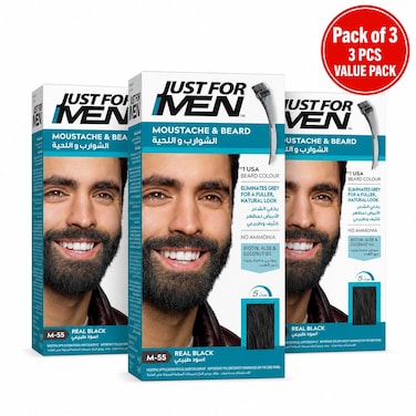 Just For Men Moustache & Beard Dye M55 Real Black, Men’s Facial Hair Colour for Grey Coverage, Pack of 3