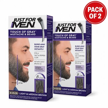 Just For Men Touch of Gray Mustache &amp; Beard Colour B-25/35 Light &amp; Medium Brown with Application Brush, Pack of 2