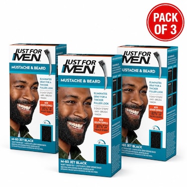 Just For Men Mustache & Beard Dye M-60 Jet Black with Application Brush, Biotin, Aloe and Coconut Oil, Pack of 3