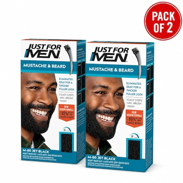 Just For Men Mustache & Beard Dye M-60 Jet Black with Application Brush, Biotin, Aloe and Coconut Oil, Pack of 2
