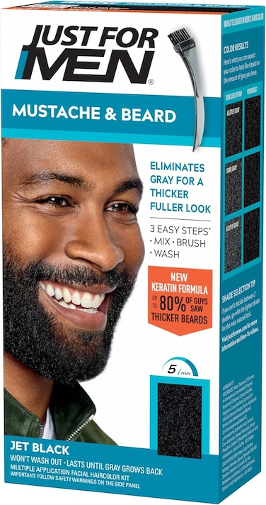 Just For Men Mustache &amp; Beard Dye M-60 Jet Black with Application Brush, Biotin, Aloe and Coconut Oil, Pack of 1