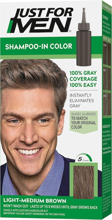 Just For Men Shampoo-In Hair Colour H-30 Light-Medium Brown with Keratin and Vitamin E, Men’s Grey Hair Colouring Kit, Pack of 1