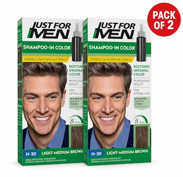 Just For Men Shampoo-In Hair Colour H-30 Light-Medium Brown with Keratin and Vitamin E, Men&rsquo;s Grey Hair Colouring Kit, Pack of 2