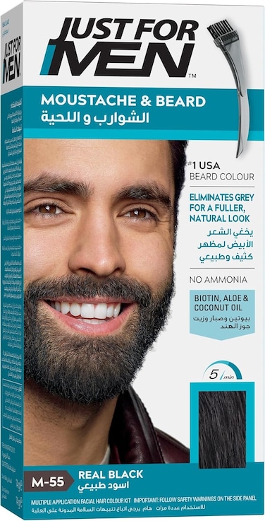 Just For Men Moustache & Beard Dye M55 Real Black, Men’s Facial Hair Colour for Grey Coverage