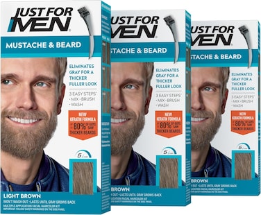 Just For Men Mustache & Beard Dye M-25 Light Brown with Application Brush, Biotin, Aloe and Coconut Oil, Pack of 3