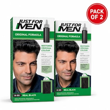 Just For Men Hair Colouring Kit H-55 Real Black, Men’s Grey Hair Colour, Pack of 2