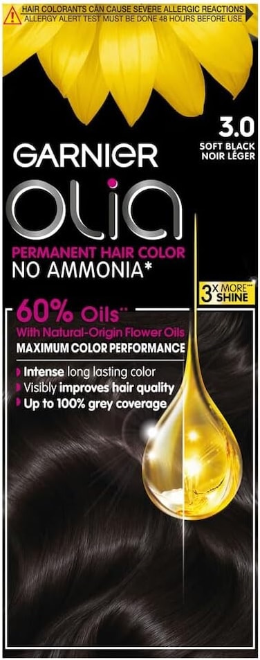 Garnier Olia No Ammonia Permanent Hair Colour 3.0 Soft Black with 60% Oils, Long-Lasting Colour and Up to 100% Grey Coverage