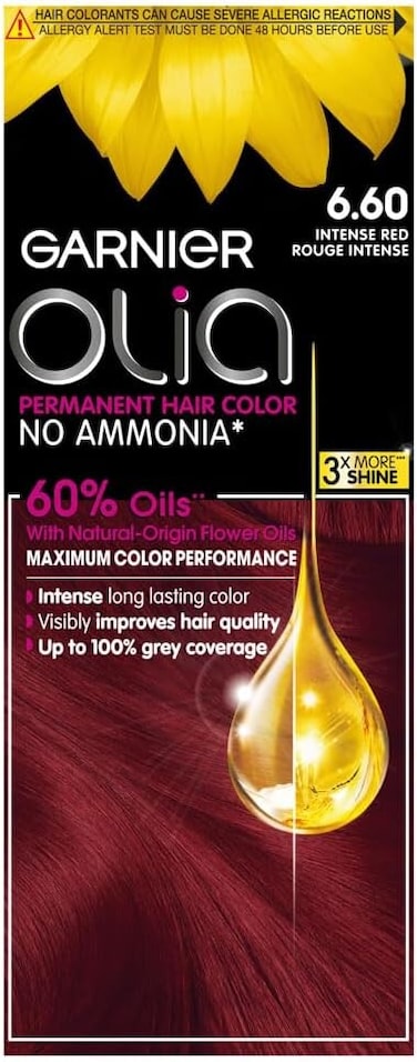 Garnier Olia No Ammonia Permanent Hair Colour 6.6 Intense Red with 60% Oils, Long-Lasting Colour and Up to 100% Grey Coverage