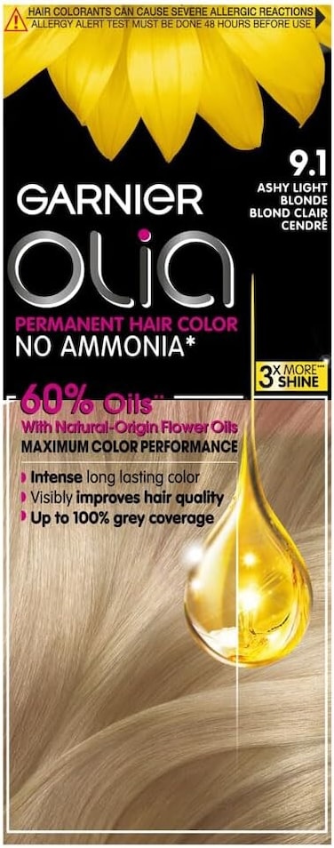 Garnier Olia No Ammonia Permanent Hair Colour 9.1 Ashy Light Blonde with 60% Oils, Long-Lasting Colour and Up to 100% Grey Coverage
