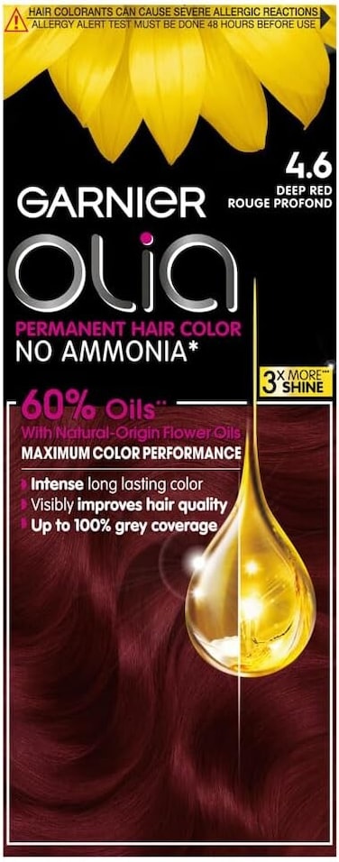 Garnier Olia Permanent Hair Dye 4.6 Deep Red, No Ammonia, 60% Oils, Long-Lasting Colour, Up to 100% Grey Coverage