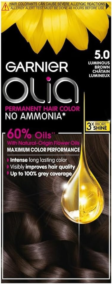 Garnier Olia Permanent Hair Dye 5.0 Luminous Brown, No Ammonia, 60% Oils, Long-Lasting Colour, Up to 100% Grey Coverage