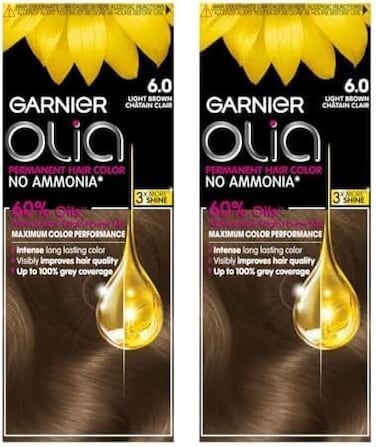 Garnier Olia Permanent Hair Dye 6.0 Light Brown, No Ammonia, 60% Oils, Long-Lasting Colour, Up to 100% Grey Coverage, Pack of 2