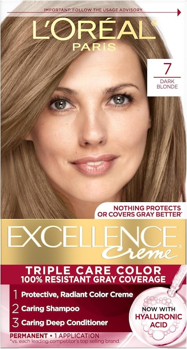 L&rsquo;Or&eacute;al Paris Excellence Cr&egrave;me Permanent Triple Care Hair Colour, 7 Dark Blonde, Grey Coverage for Up to 8 Weeks, Pack of 1
