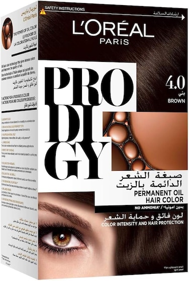 L’Oréal Paris Prodigy Permanent Oil Hair Color 4.0 Brown, Ammonia-Free, Grey Coverage