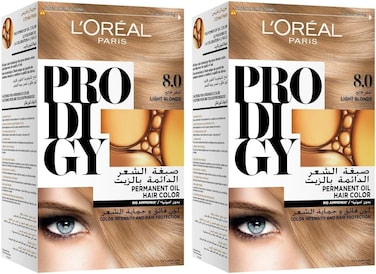 L’Oréal Paris Prodigy Permanent Oil Hair Color 8.0 Light Blonde, Ammonia-Free, Grey Coverage, Pack of 2