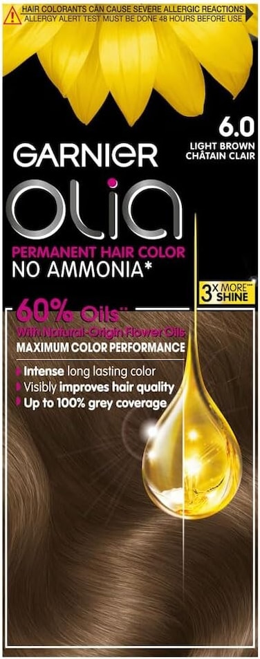 Garnier Olia Permanent Hair Dye 6.0 Light Brown, No Ammonia, 60% Oils, Long-Lasting Colour, Up to 100% Grey Coverage