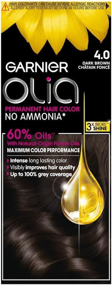 Garnier Olia Permanent Hair Dye 4.0 Dark Brown, No Ammonia, 60% Oils, Long-Lasting Colour, Up to 100% Grey Coverage