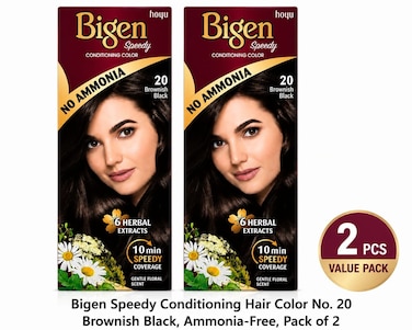 Bigen Speedy Conditioning Hair Color No. 20 Brownish Black, Ammonia-Free, 10-Minute Coverage, Pack of 2