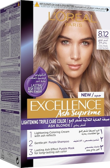 L&rsquo;Or&eacute;al Paris Excellence Ash Supreme Anti-Brass Permanent Hair Colour 8.12 Cool Pearl Ash Blonde, 250 ml