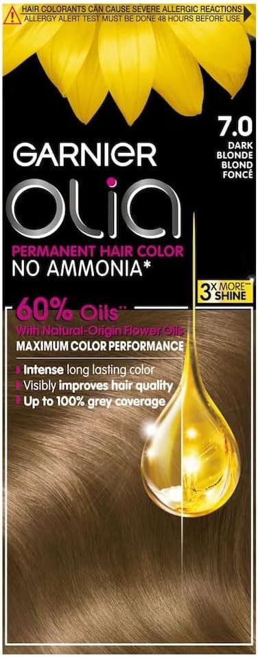 Garnier Olia Permanent Hair Dye 7.0 Dark Blonde, No Ammonia, 60% Oils, Long-Lasting Colour, Up to 100% Grey Coverage