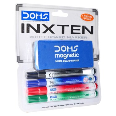 DOMS Inxten White Board Marker Set with Chisel Tip and Magnetic Eraser