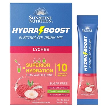 Sunshine Nutrition HydraBoost Electrolyte Drink Mix Lychee 4g, 20 Sticks