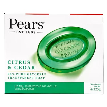 Pears Citrus and Cedar Transparent Bath Soap with 98% Pure Glycerin, 125g, Pack of 4