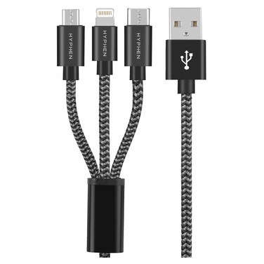 Hyphen 3-in-1 Braided Charging Cable with USB-A to Micro USB, Lightning and USB-C Connectors, 1m